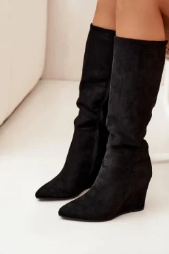 Ocieplane Kozaki Damskie Na Koturnie Czarne Rosina