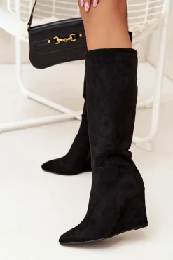 Ocieplane Kozaki Damskie Na Koturnie Czarne Rosina