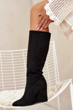 Ocieplane Kozaki Damskie Na Koturnie Czarne Rosina