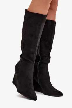 Ocieplane Kozaki Damskie Na Koturnie Czarne Rosina