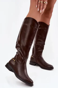 Ocieplane Kozaki Damskie Na Płaskim Obcasie Z Ozdobnym Detalem Czekoladowe Renaya