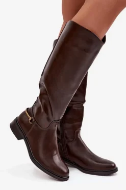 Ocieplane Kozaki Damskie Na Płaskim Obcasie Z Ozdobnym Detalem Czekoladowe Renaya