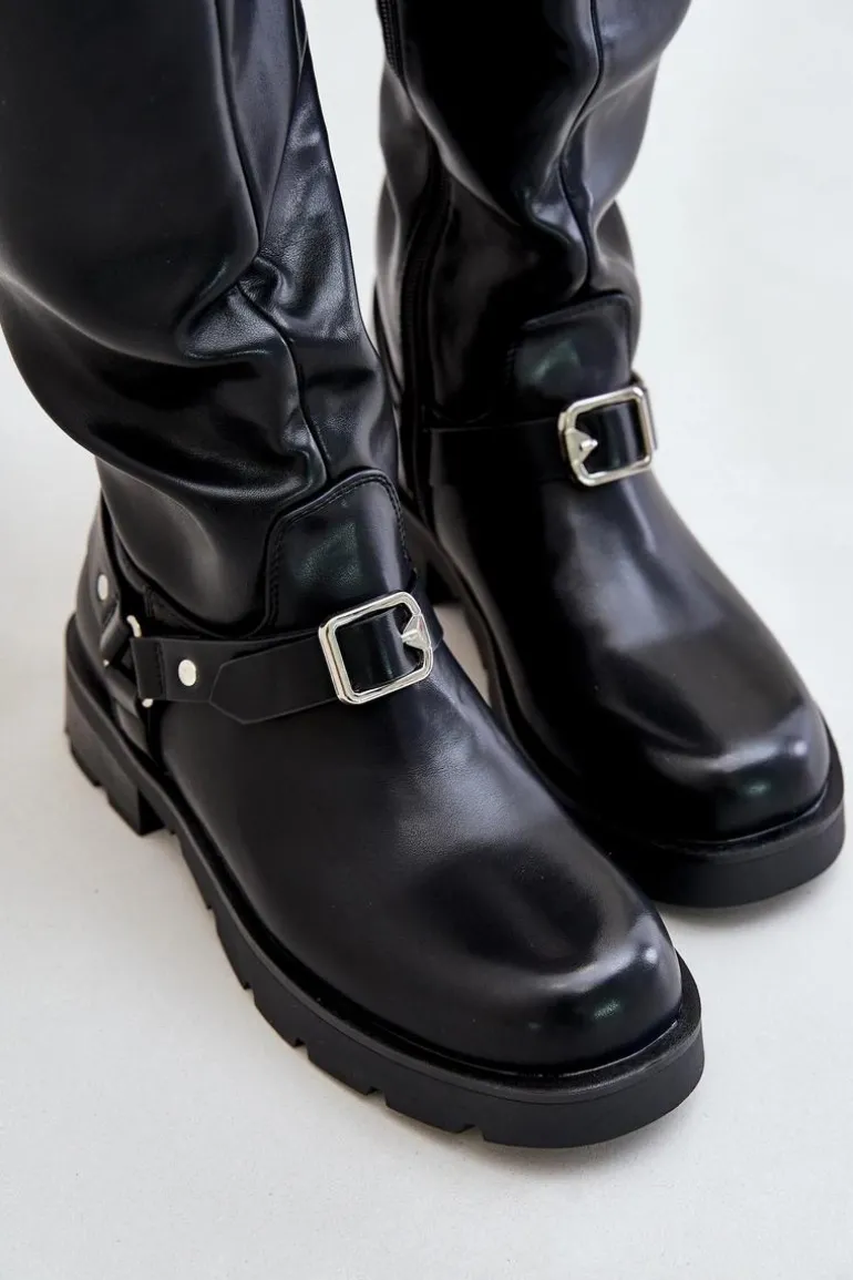 Ocieplane Kozaki Damskie Na Zamek Eko Skórzane Czarne Tialethe