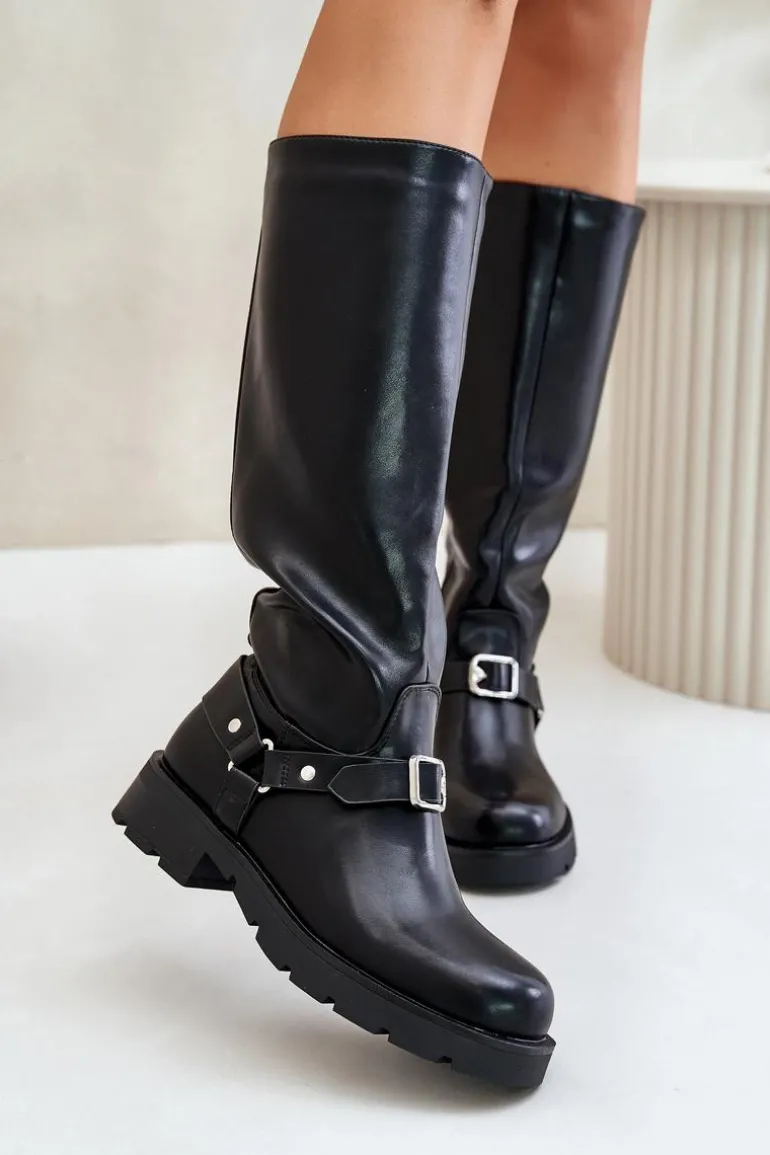 Ocieplane Kozaki Damskie Na Zamek Eko Skórzane Czarne Tialethe