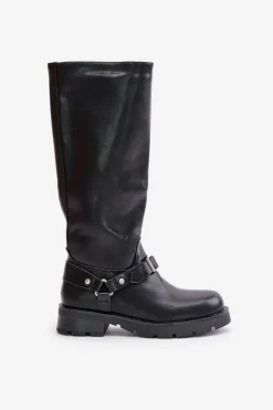 Ocieplane Kozaki Damskie Na Zamek Eko Skórzane Czarne Tialethe