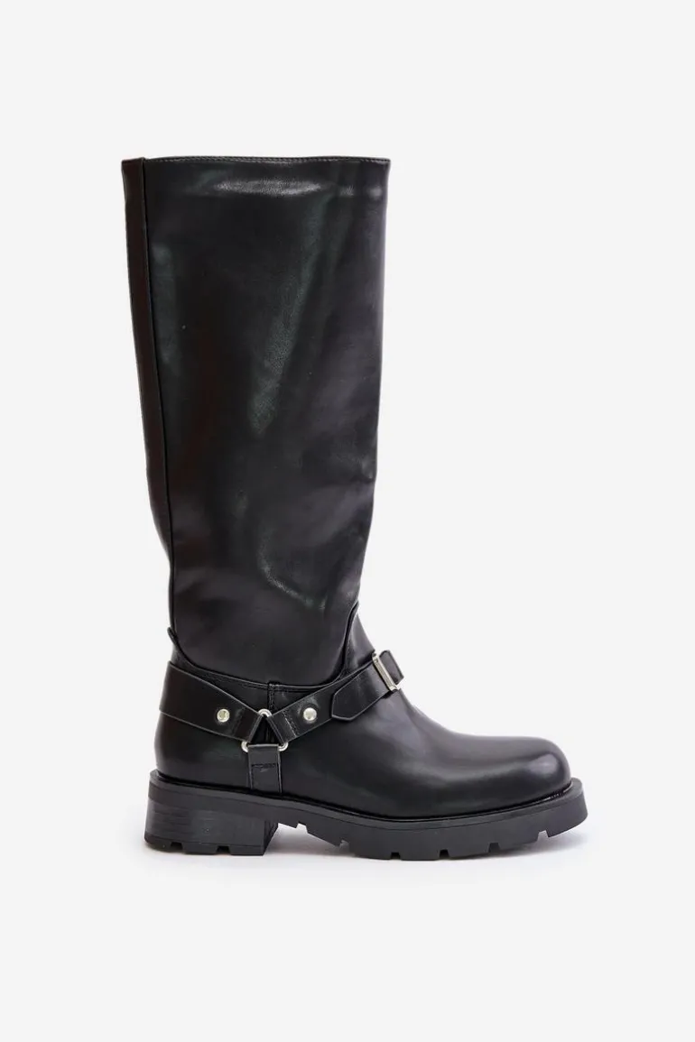 Ocieplane Kozaki Damskie Na Zamek Eko Skórzane Czarne Tialethe