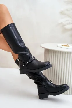 Ocieplane Kozaki Damskie Na Zamek Eko Skórzane Czarne Tialethe