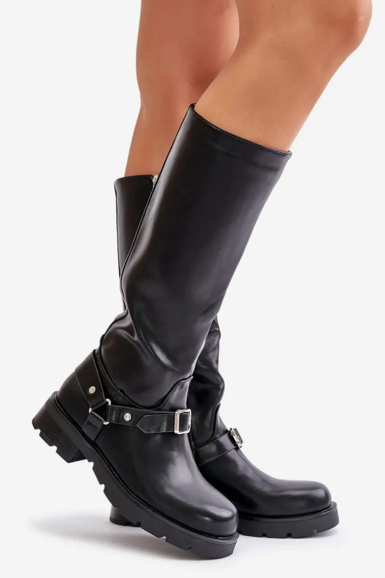 Ocieplane Kozaki Damskie Na Zamek Eko Skórzane Czarne Tialethe