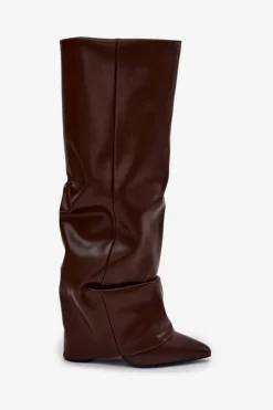 Ocieplane Kozaki Damskie Z Wywiniętą Cholewką Na Słupku Czekoladowe Elivira