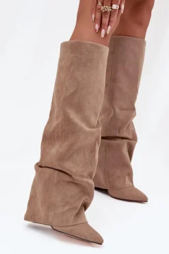 Ocieplane Kozaki Damskie Z Wywiniętą Cholewką Na Słupku Eko Zamszowe Beżowe Elivira