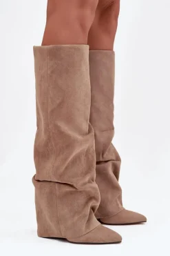 Ocieplane Kozaki Damskie Z Wywiniętą Cholewką Na Słupku Eko Zamszowe Beżowe Elivira