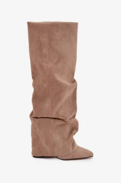 Ocieplane Kozaki Damskie Z Wywiniętą Cholewką Na Słupku Eko Zamszowe Beżowe Elivira