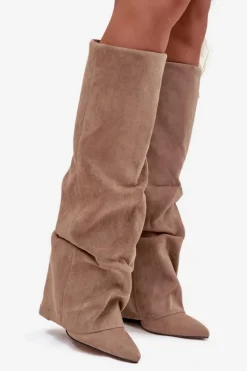 Ocieplane Kozaki Damskie Z Wywiniętą Cholewką Na Słupku Eko Zamszowe Beżowe Elivira