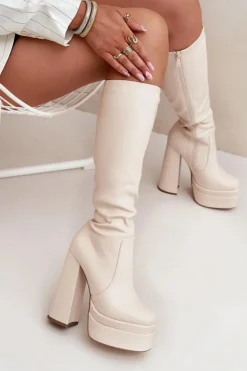 Ocieplane Kozaki Damskie Na Słupku I Platformie Jasnobeżowe Lysara