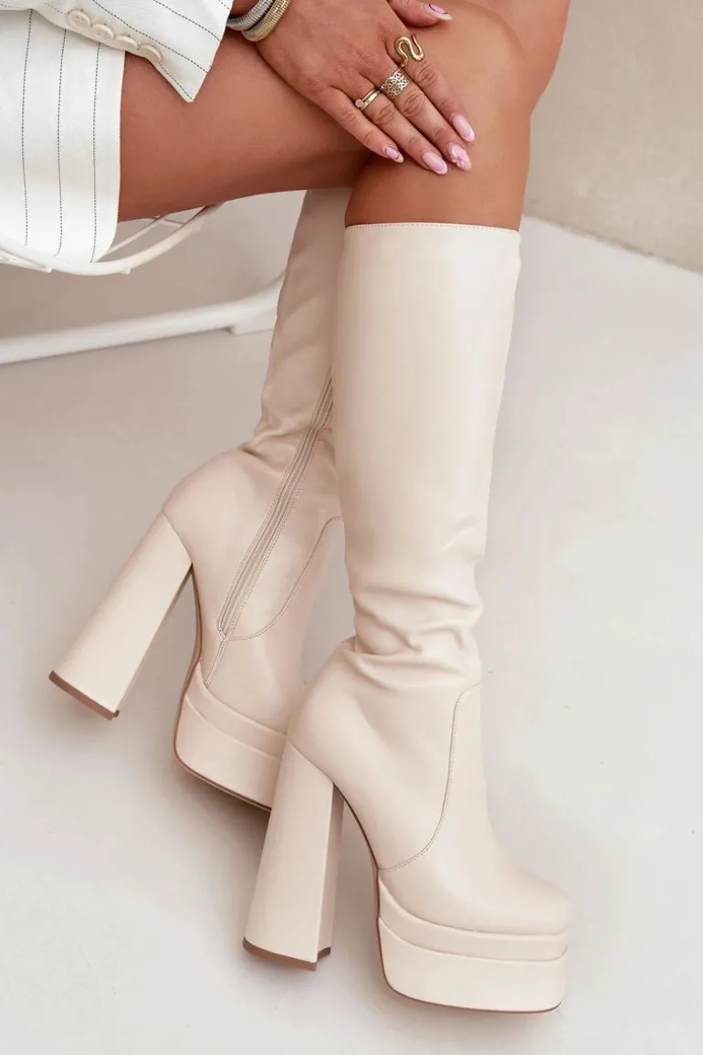 Ocieplane Kozaki Damskie Na Słupku I Platformie Jasnobeżowe Lysara