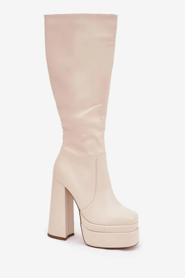 Ocieplane Kozaki Damskie Na Słupku I Platformie Jasnobeżowe Lysara