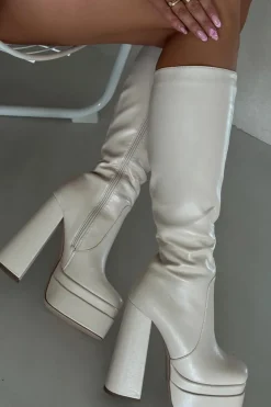 Ocieplane Kozaki Damskie Na Słupku I Platformie Jasnobeżowe Lysara