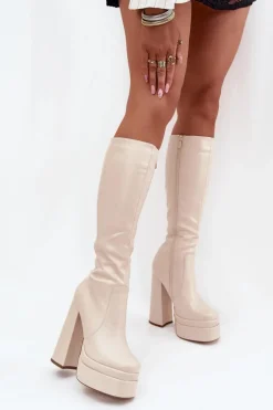 Ocieplane Kozaki Damskie Na Słupku I Platformie Jasnobeżowe Lysara