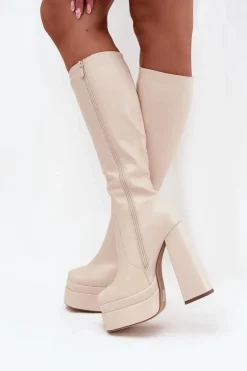 Ocieplane Kozaki Damskie Na Słupku I Platformie Jasnobeżowe Lysara