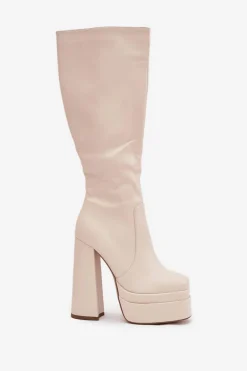 Ocieplane Kozaki Damskie Na Słupku I Platformie Jasnobeżowe Lysara