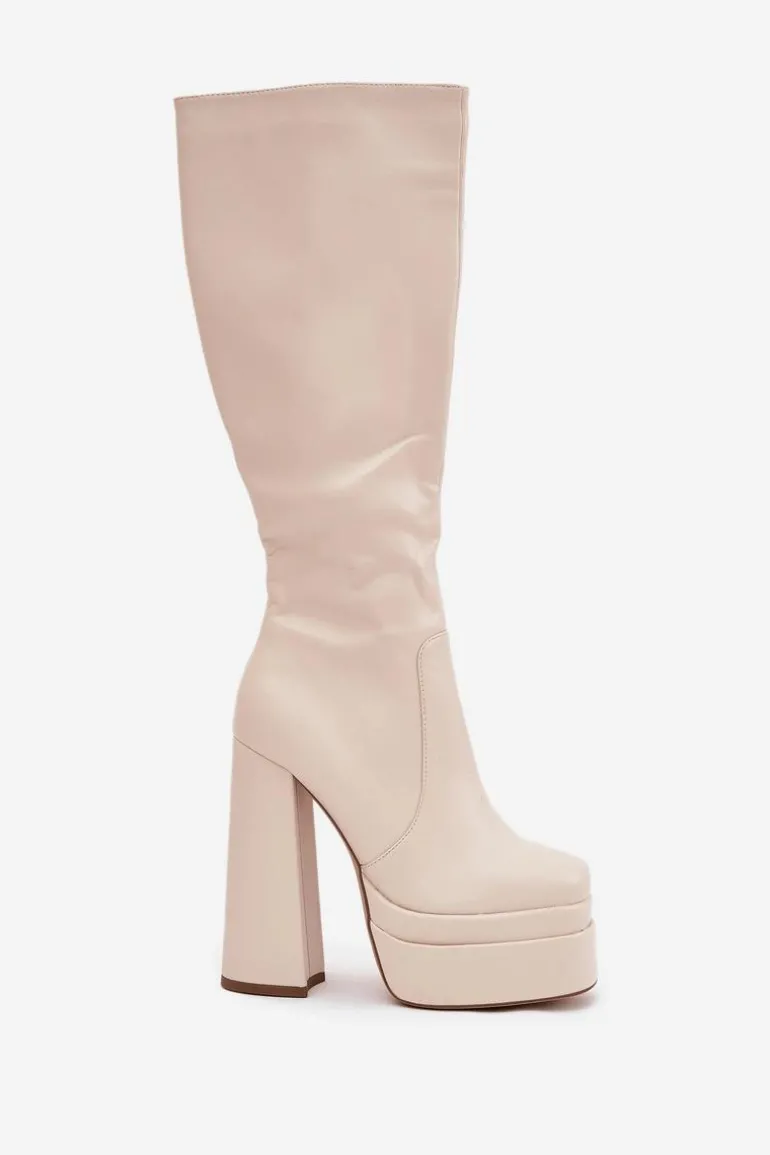 Ocieplane Kozaki Damskie Na Słupku I Platformie Jasnobeżowe Lysara