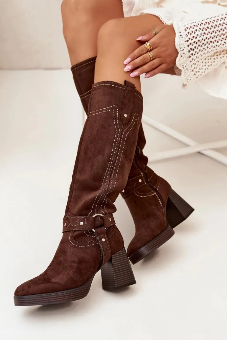 Ocieplane Kozaki Damskie Na Słupku Z Przeszyciami Czekoladowe Alessara