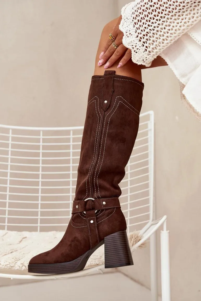 Ocieplane Kozaki Damskie Na Słupku Z Przeszyciami Czekoladowe Alessara