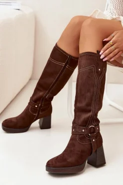 Ocieplane Kozaki Damskie Na Słupku Z Przeszyciami Czekoladowe Alessara