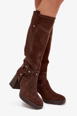 Ocieplane Kozaki Damskie Na Słupku Z Przeszyciami Czekoladowe Alessara