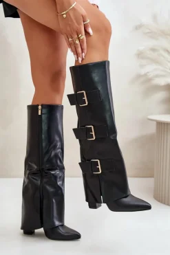 Ocieplane Kozaki Damskie Na Słupku Z Wywiniętą Cholewką I Klamrami Czarne Piregonia