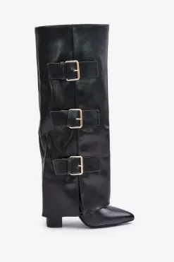 Ocieplane Kozaki Damskie Na Słupku Z Wywiniętą Cholewką I Klamrami Czarne Piregonia