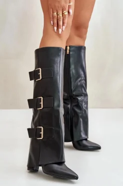 Ocieplane Kozaki Damskie Na Słupku Z Wywiniętą Cholewką I Klamrami Czarne Piregonia