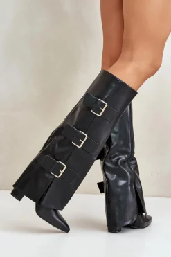 Ocieplane Kozaki Damskie Na Słupku Z Wywiniętą Cholewką I Klamrami Czarne Piregonia