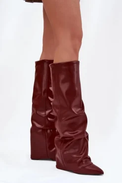 Ocieplane Kozaki Damskie Z Wywiniętą Cholewką Na Słupku Bordowe Elivira