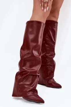 Ocieplane Kozaki Damskie Z Wywiniętą Cholewką Na Słupku Bordowe Elivira