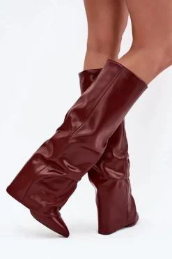 Ocieplane Kozaki Damskie Z Wywiniętą Cholewką Na Słupku Bordowe Elivira