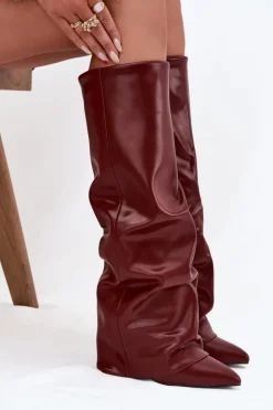 Ocieplane Kozaki Damskie Z Wywiniętą Cholewką Na Słupku Bordowe Elivira