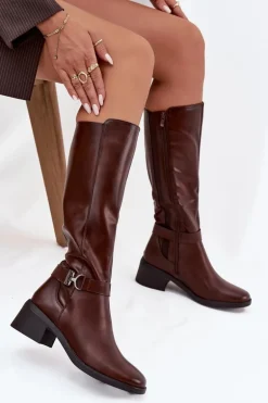 Ocieplane Kozaki Damskie Na Klocku Z Paskiem Sergio Leone KZ25826 Brązowe