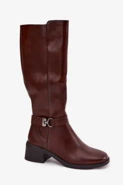 Ocieplane Kozaki Damskie Na Klocku Z Paskiem Sergio Leone KZ25826 Brązowe