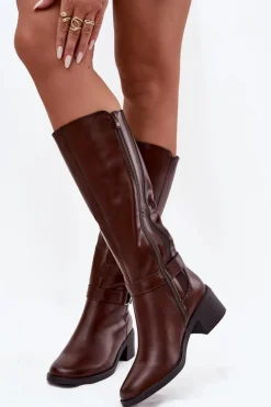 Ocieplane Kozaki Damskie Na Klocku Z Paskiem Sergio Leone KZ25826 Brązowe