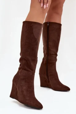 Ocieplane Kozaki Damskie Na Koturnie Czekoladowe Rosina