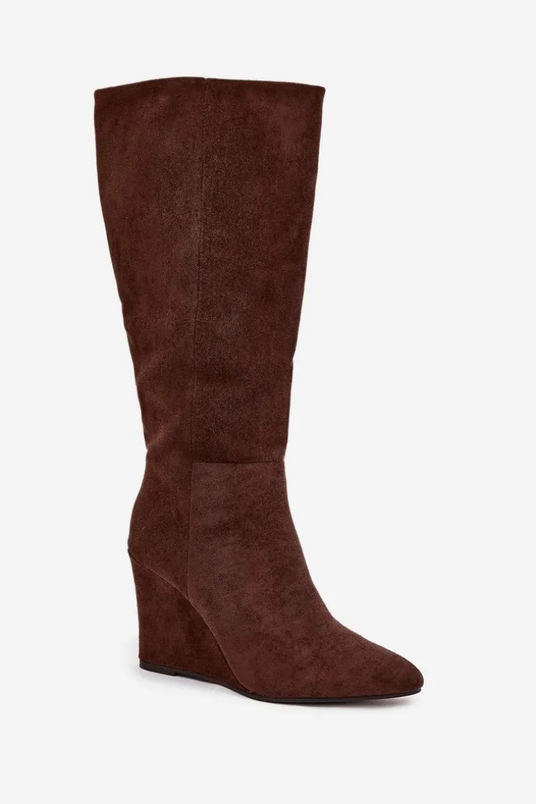 Ocieplane Kozaki Damskie Na Koturnie Czekoladowe Rosina