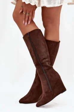 Ocieplane Kozaki Damskie Na Koturnie Czekoladowe Rosina