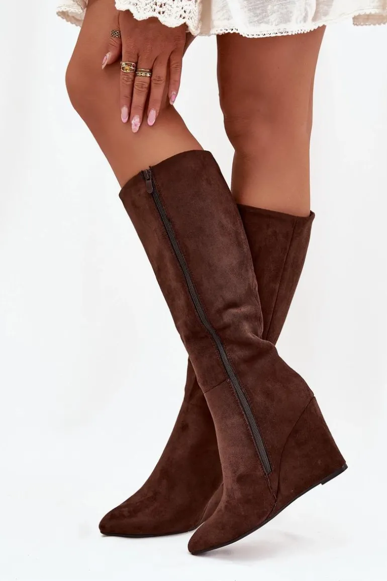 Ocieplane Kozaki Damskie Na Koturnie Czekoladowe Rosina