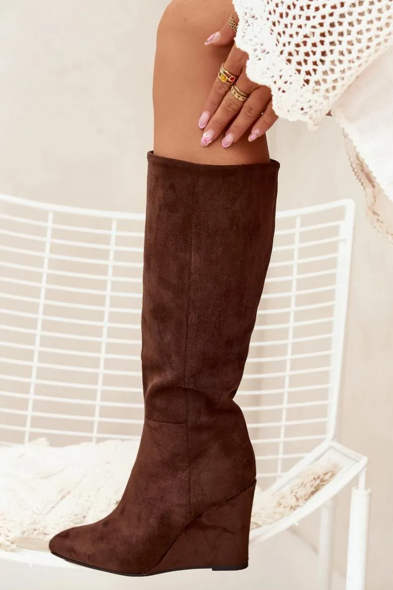 Ocieplane Kozaki Damskie Na Koturnie Czekoladowe Rosina