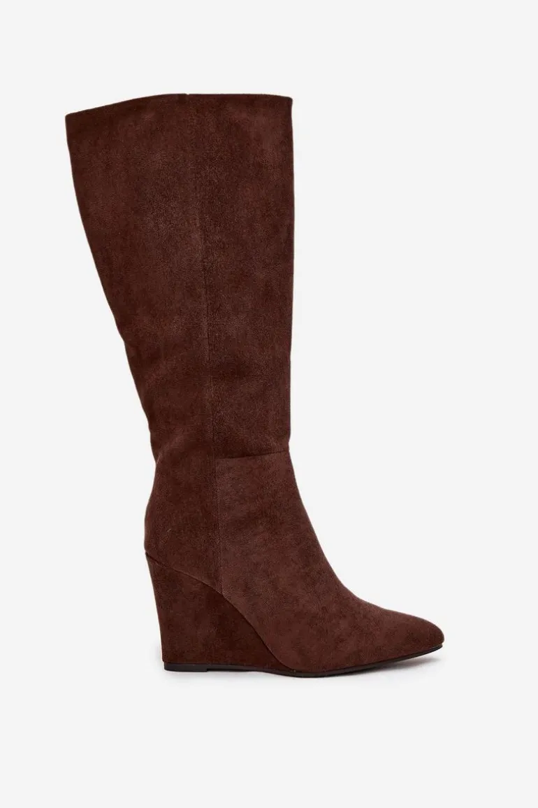 Ocieplane Kozaki Damskie Na Koturnie Czekoladowe Rosina