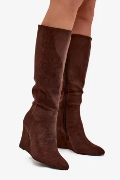 Ocieplane Kozaki Damskie Na Koturnie Czekoladowe Rosina