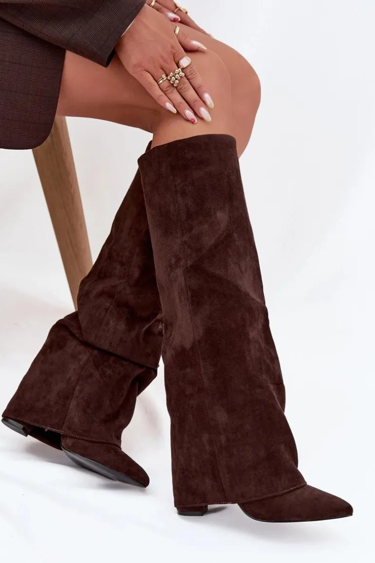 Ocieplane Kozaki Damskie Z Wywiniętą Cholewką Na Słupku Eko Zamszowe Czekoladowe Elivira