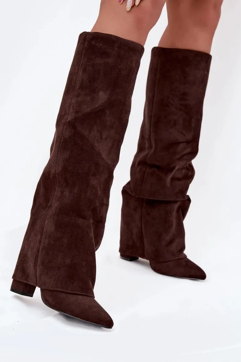 Ocieplane Kozaki Damskie Z Wywiniętą Cholewką Na Słupku Eko Zamszowe Czekoladowe Elivira