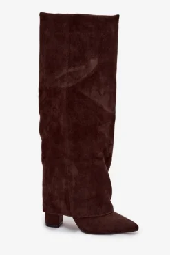 Ocieplane Kozaki Damskie Z Wywiniętą Cholewką Na Słupku Eko Zamszowe Czekoladowe Elivira